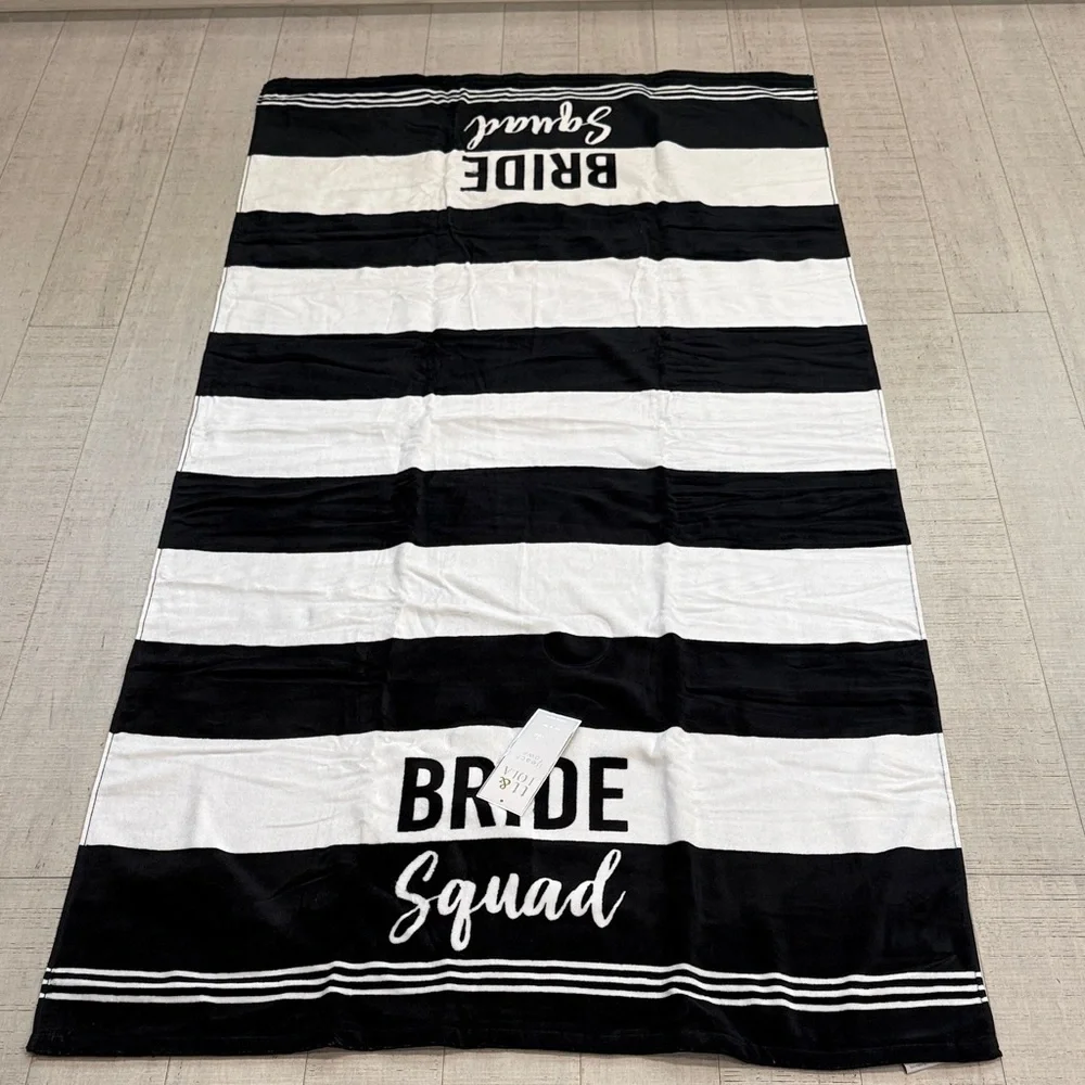 lola Black and White 'Bride Squad' Striped Beach Towel